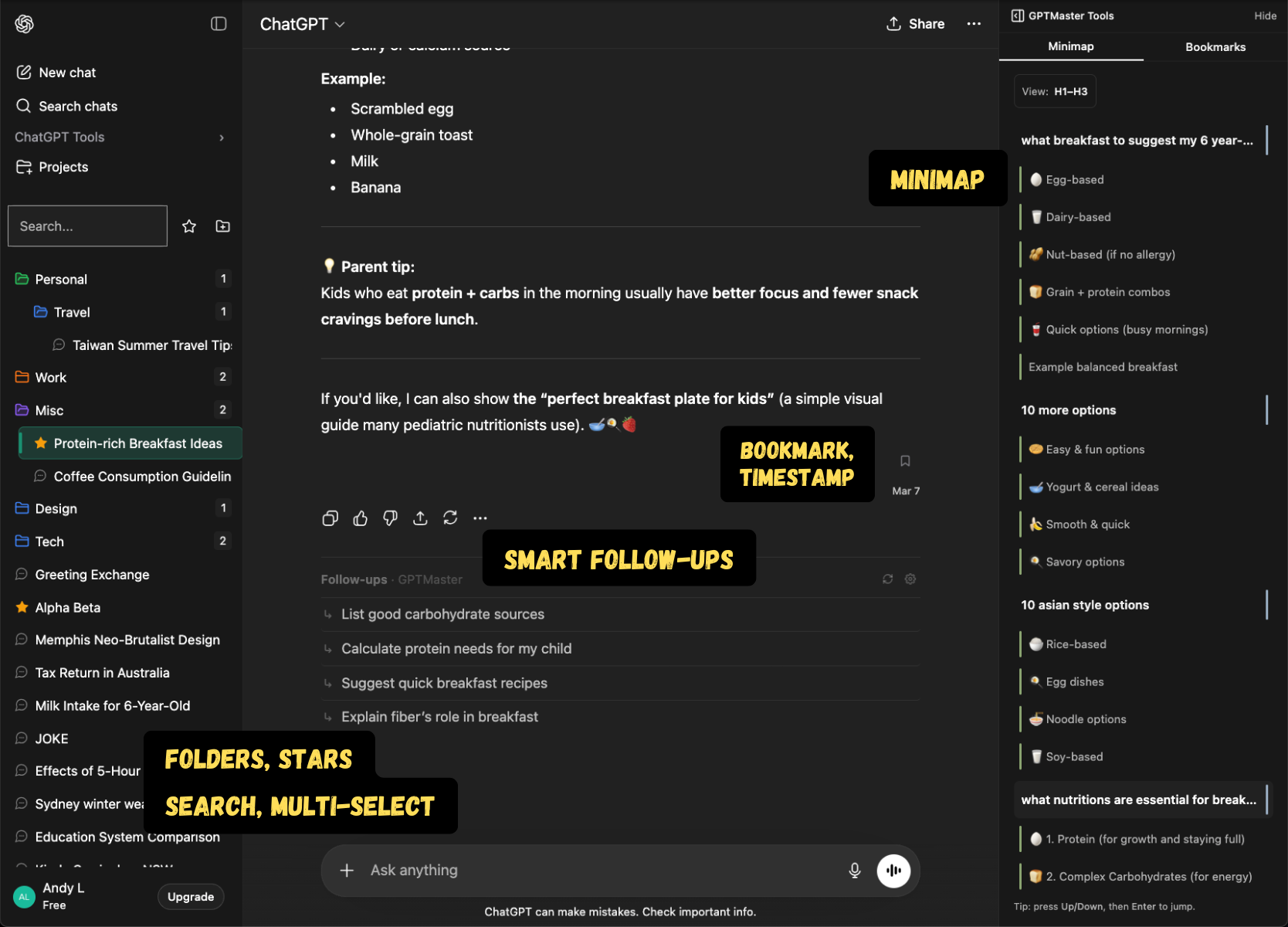 GPT Master v2.0.0 showing the Pro upgrade screen and redesigned side panel